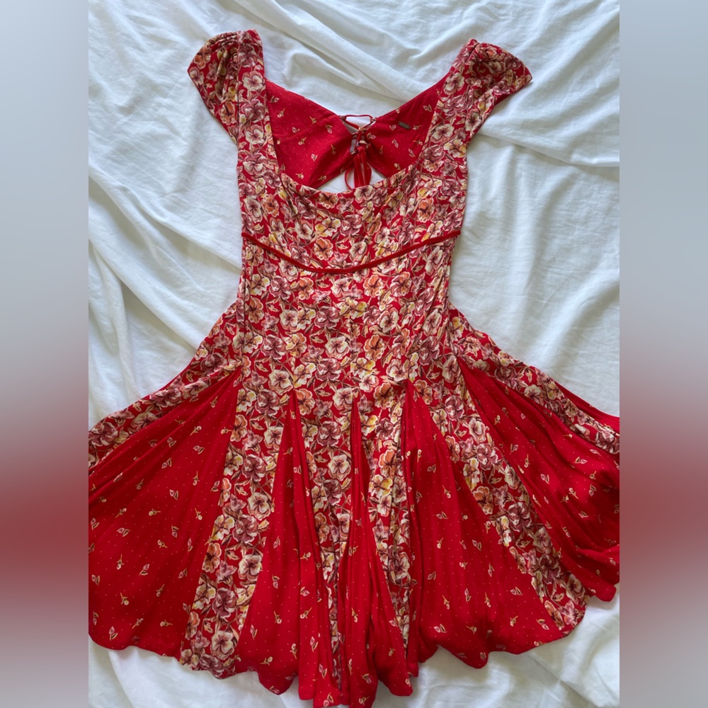 Free people backless square neck red floral dress